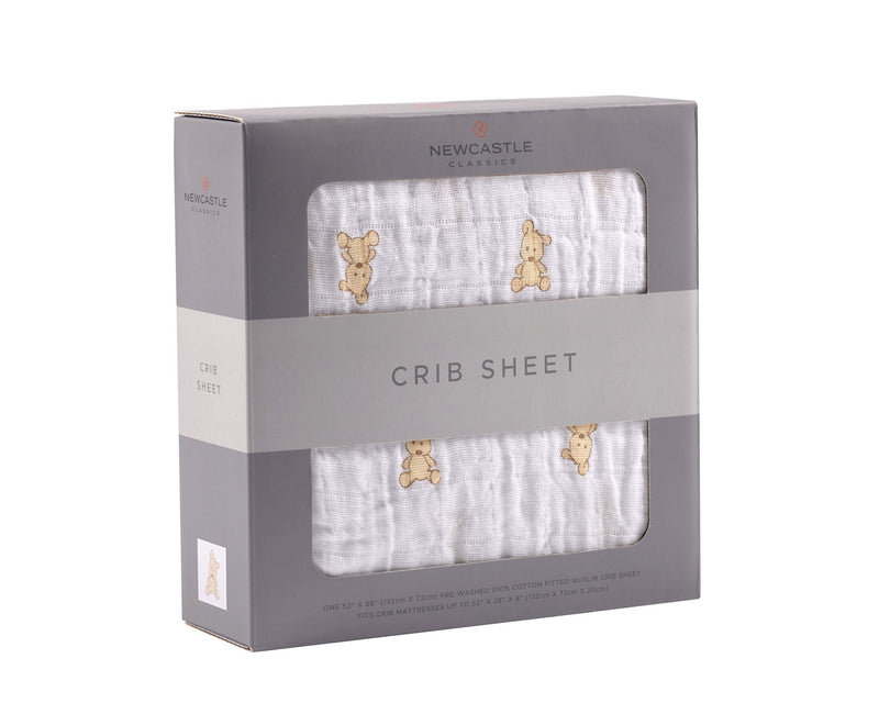 Teddy Bear Cotton Muslin Crib Sheet in packaging.