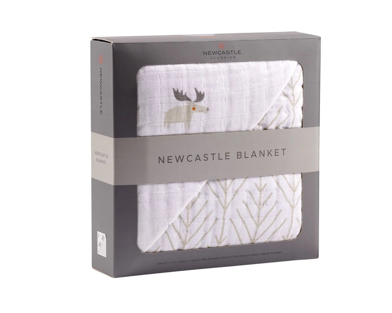 Mister Moose and Forest Arrow Cotton Muslin Newcastle Blanket in packaging.