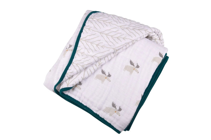 Mister Moose and Forest Arrow cotton muslin blanket, soft and breathable.