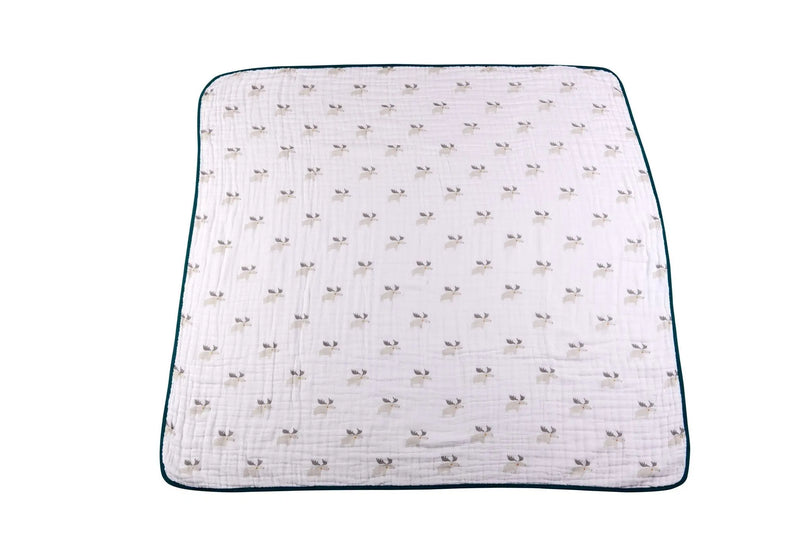 Mister Moose and Forest Arrow cotton muslin blanket with moose pattern.