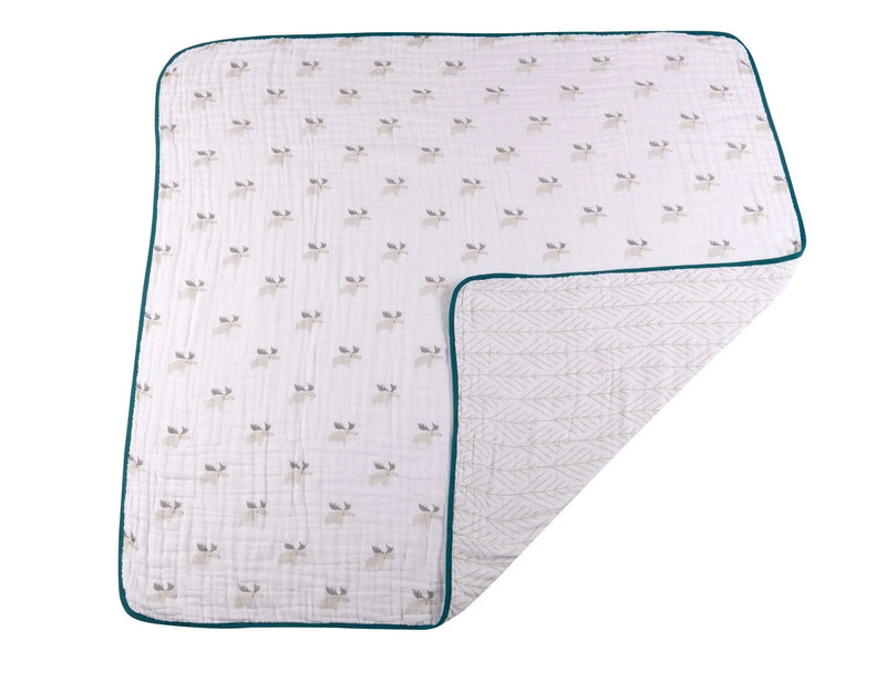 Mister Moose cotton muslin blanket with forest design, four-layer, breathable and versatile.