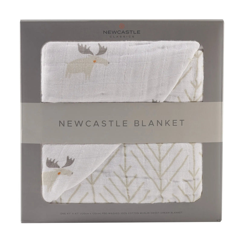 Mister Moose cotton muslin blanket in packaging with forest arrow design.