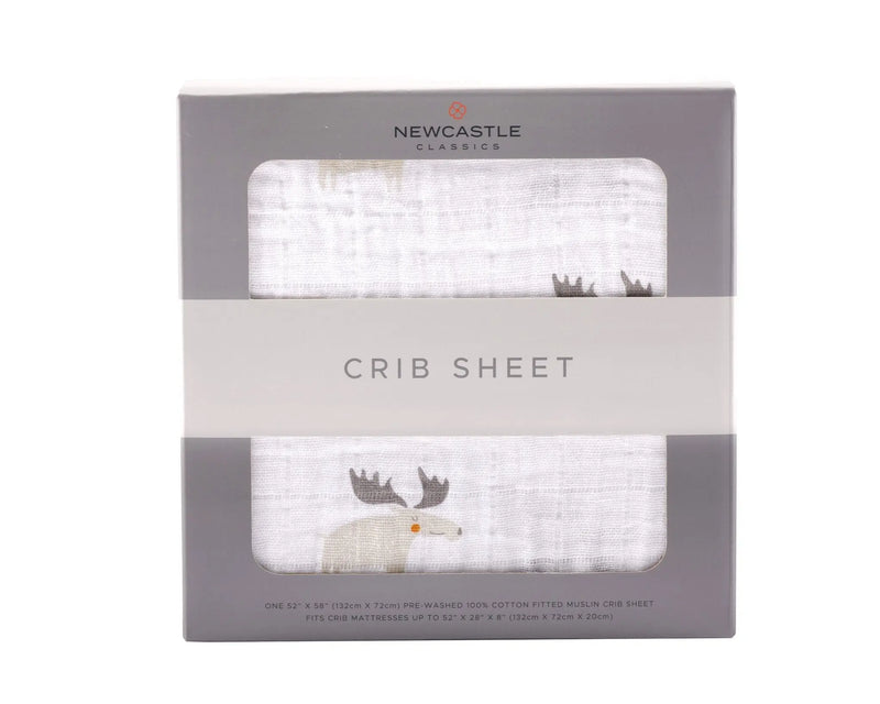 Mister Moose Cotton Muslin Crib Sheet in packaging with moose design.