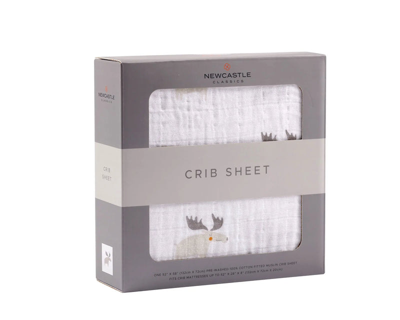 Mister Moose Cotton Muslin Crib Sheet in packaging.