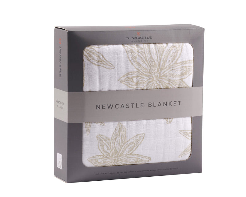 Boho Fields Cotton Muslin Newcastle Blanket in packaging with floral design.