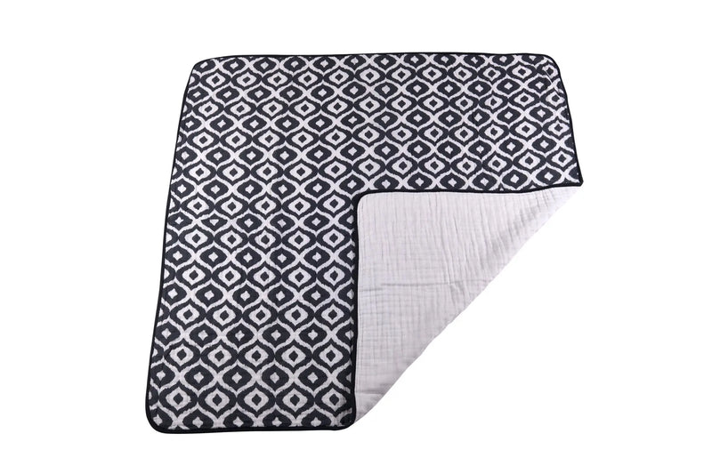 Moroccan Blue Cotton Muslin Newcastle Blanket with geometric pattern.