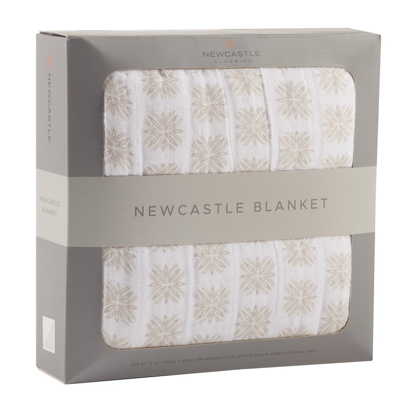 Flower Child Cotton Muslin Newcastle Blanket in packaging.