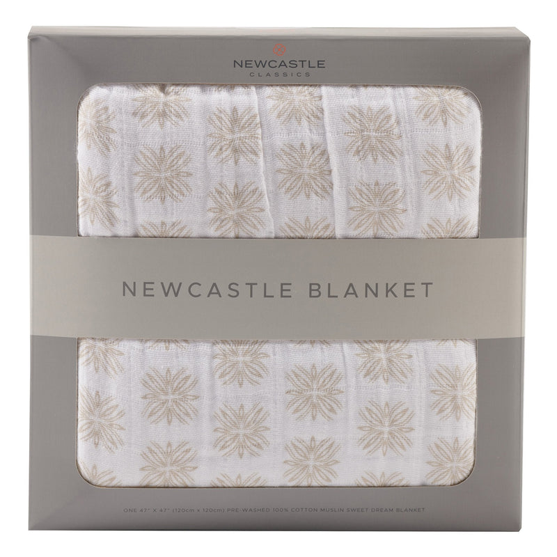 Flower Child Cotton Muslin Newcastle Blanket in packaging.