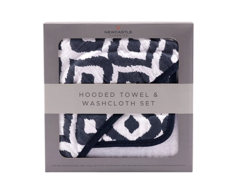 Moroccan Blue Cotton Hooded Towel and Washcloth Set in packaging