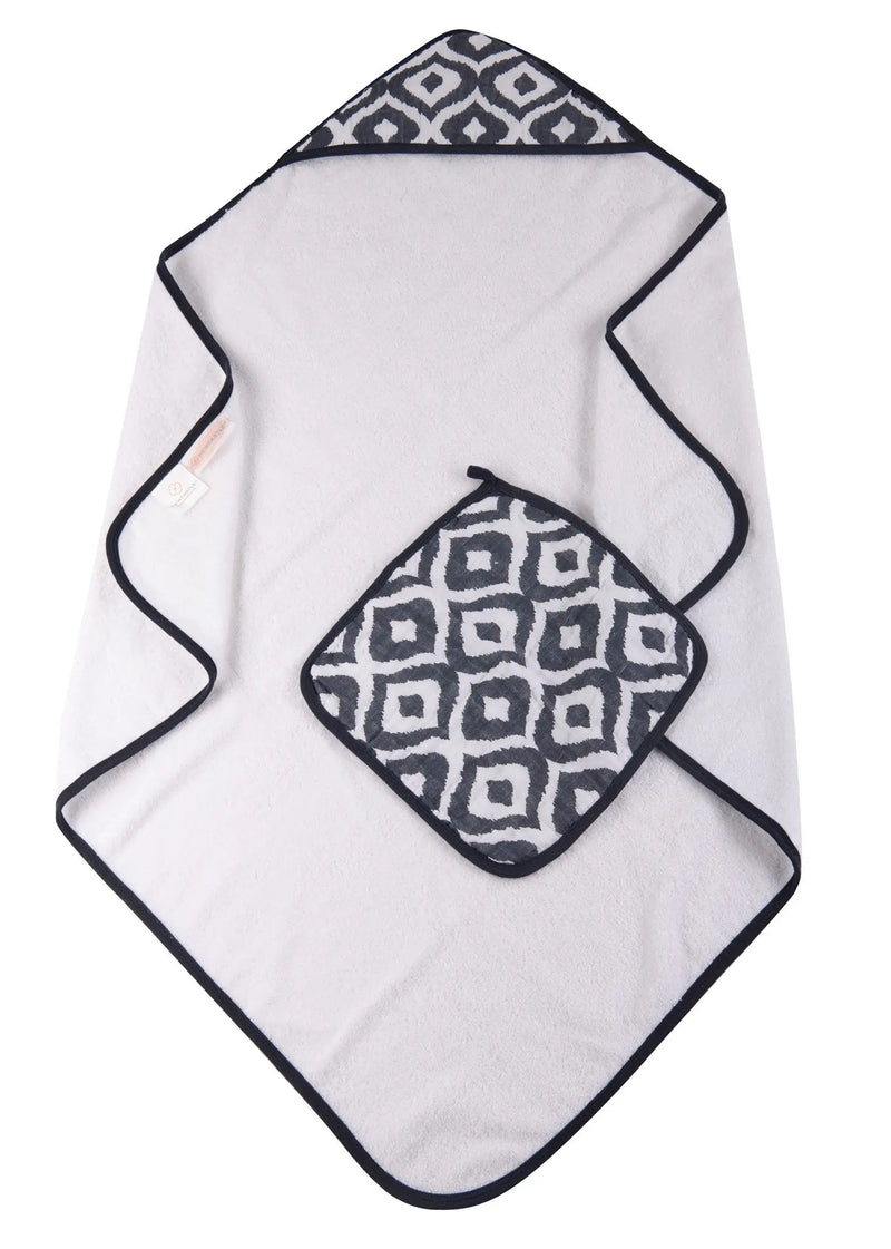 Moroccan Blue Cotton Hooded Towel and Washcloth Set with geometric pattern and soft terry texture.