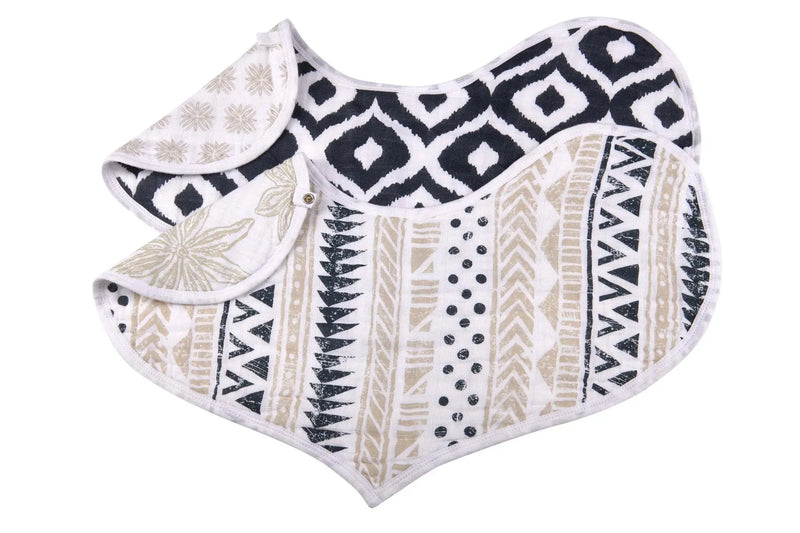 Boho Flower Heart Cotton Bibs in stylish patterns, featuring multiple snaps and absorbent fabric.