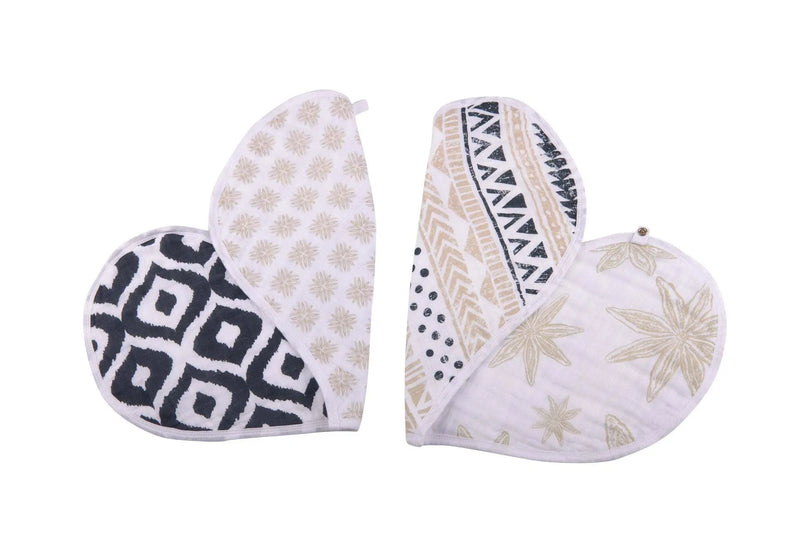 Boho Flower Heart Cotton Bibs with stylish patterns, 2-pack.