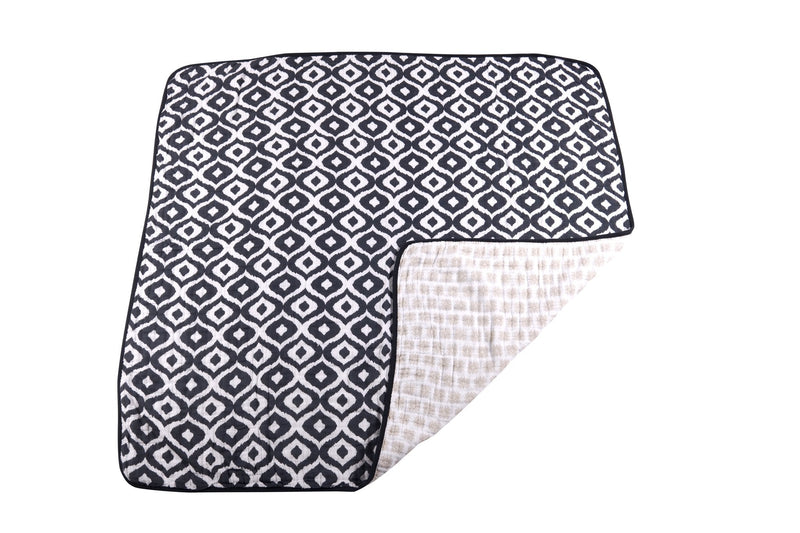 Morrocan Blue and Flower Child cotton muslin blanket with geometric pattern.