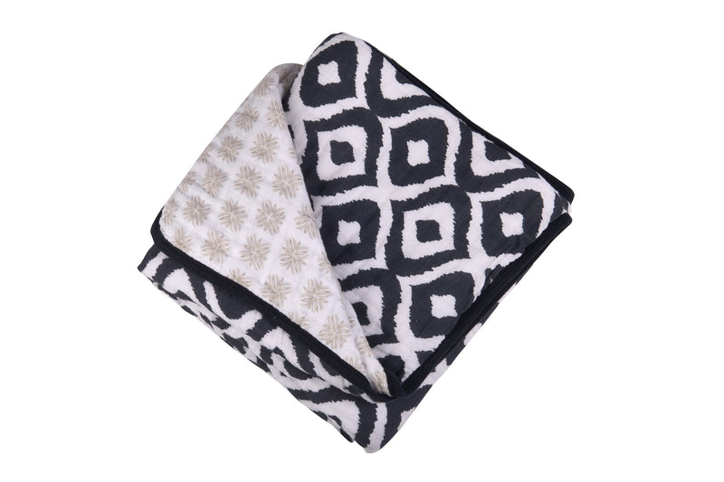 Morrocan Blue And Flower Child cotton muslin Newcastle blanket with four layers in a geometric pattern.
