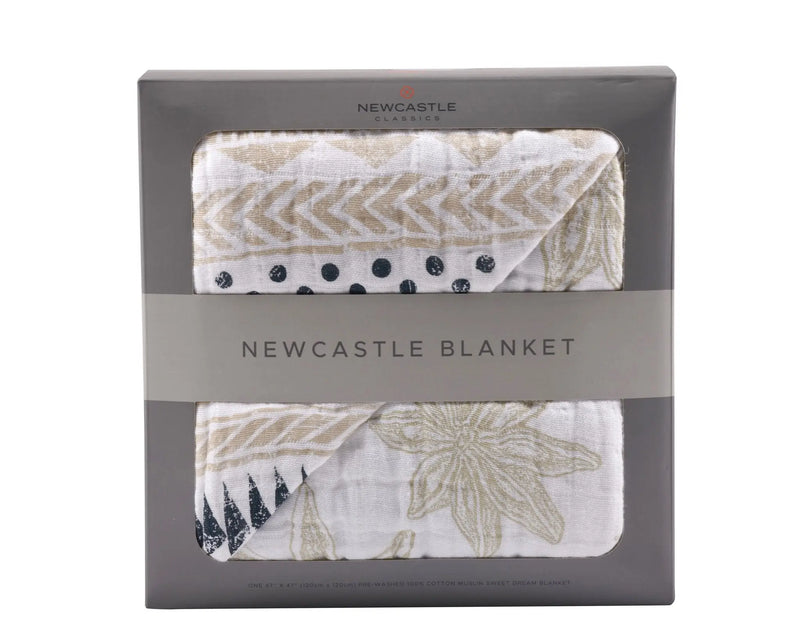 Pyramid And Boho Fields cotton muslin Newcastle blanket in packaging.