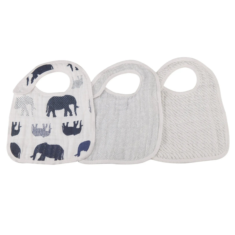 In the Wild Elephant Cotton Muslin Snap Bibs 3PK with elephant print, multiple snaps, and soft absorbent fabric.