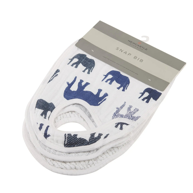In the Wild Elephant cotton muslin snap bibs pack, featuring elephant design and multiple snaps for adjustable fit.