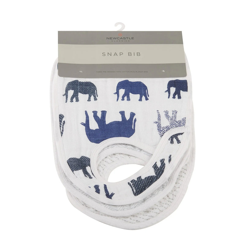 In the Wild Elephant cotton muslin snap bibs, 3-pack, with elephant design and multiple snaps for adjustable fit.