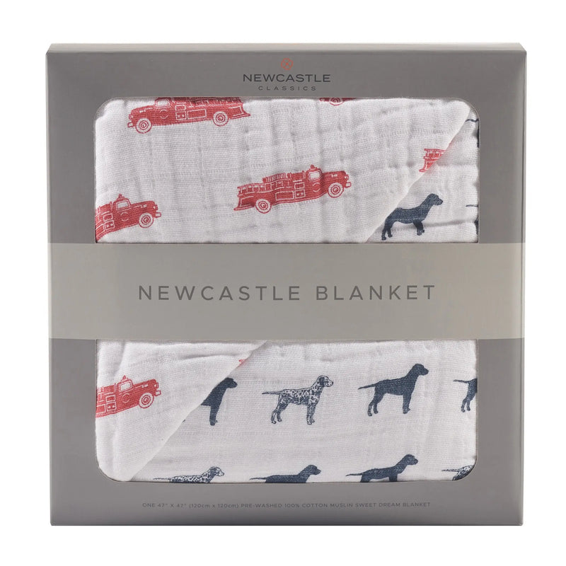 Fire truck and Dalmatian design cotton muslin blanket by Newcastle.