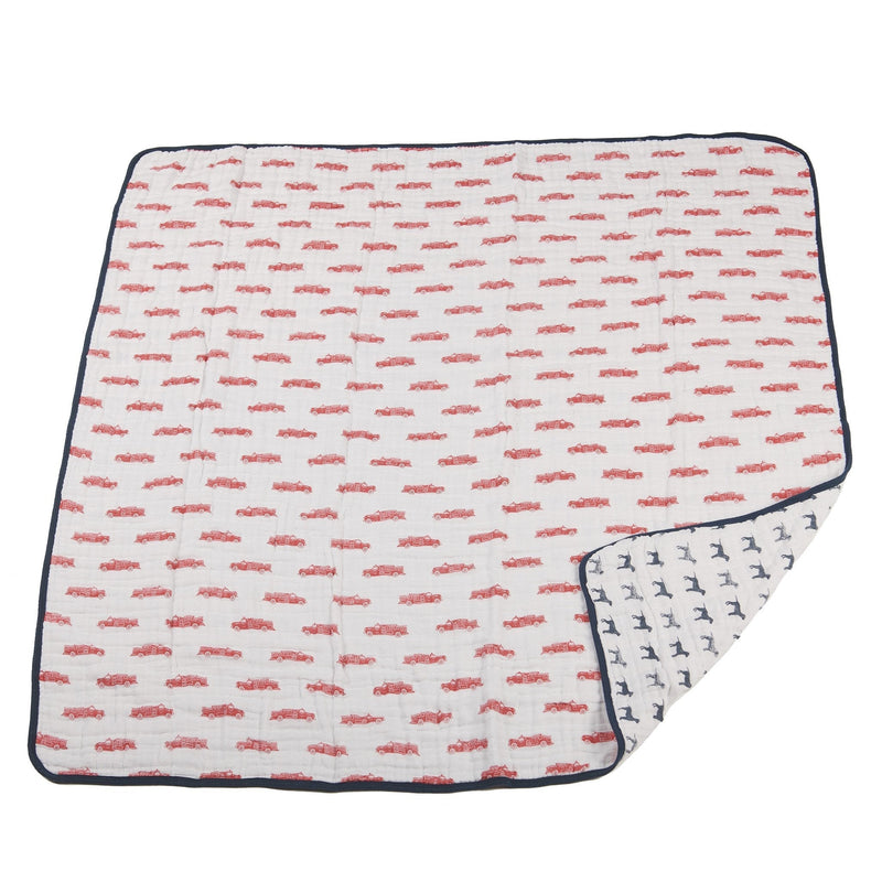 Fire truck and Dalmatian cotton muslin blanket with four layers, perfect for snuggling.