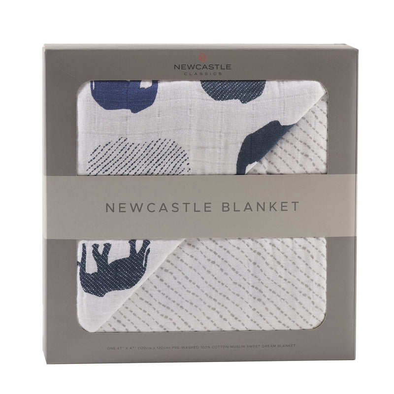 Blue Elephant and Spotted Wave cotton muslin Newcastle blanket in packaging.