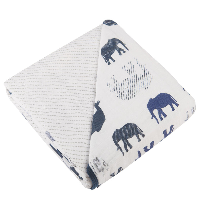 Blue Elephant and Spotted Wave cotton muslin blanket, featuring four layers of soft, breathable fabric.