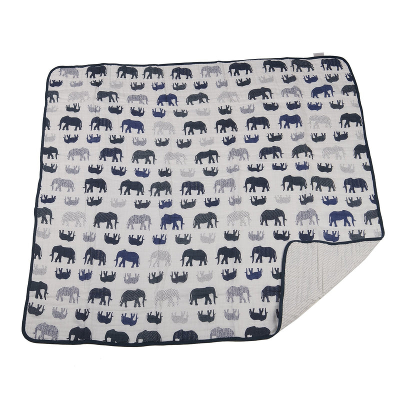 Blue Elephant and Spotted Wave cotton muslin blanket with elephant pattern.