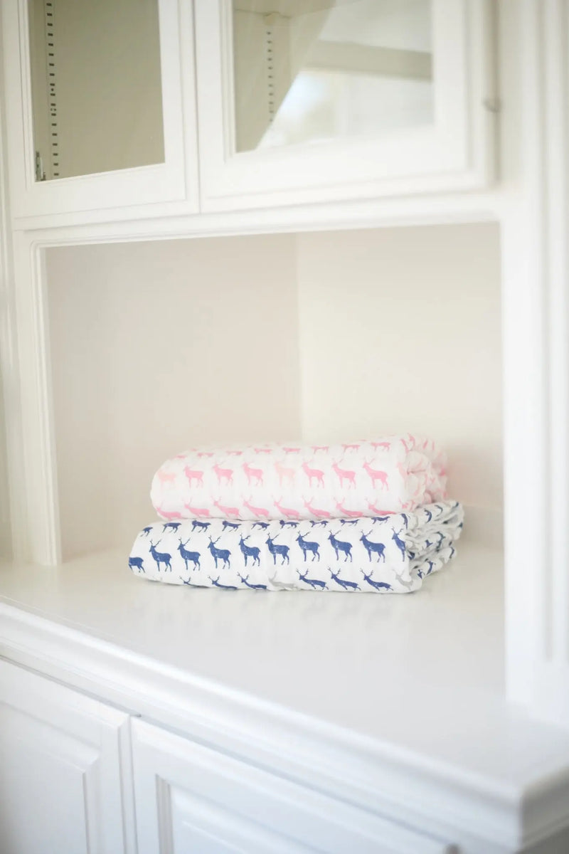 Pink Deer and Primrose Pink Cotton Muslin Blanket with Plaid Design, Four Layers, Soft and Breathable.