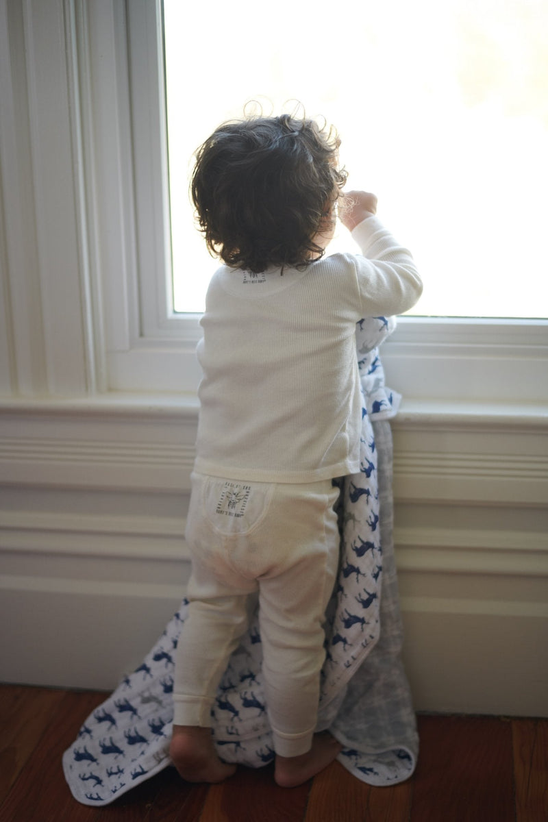 Blue Deer and Glacier Grey plaid cotton muslin blanket held by child near window.