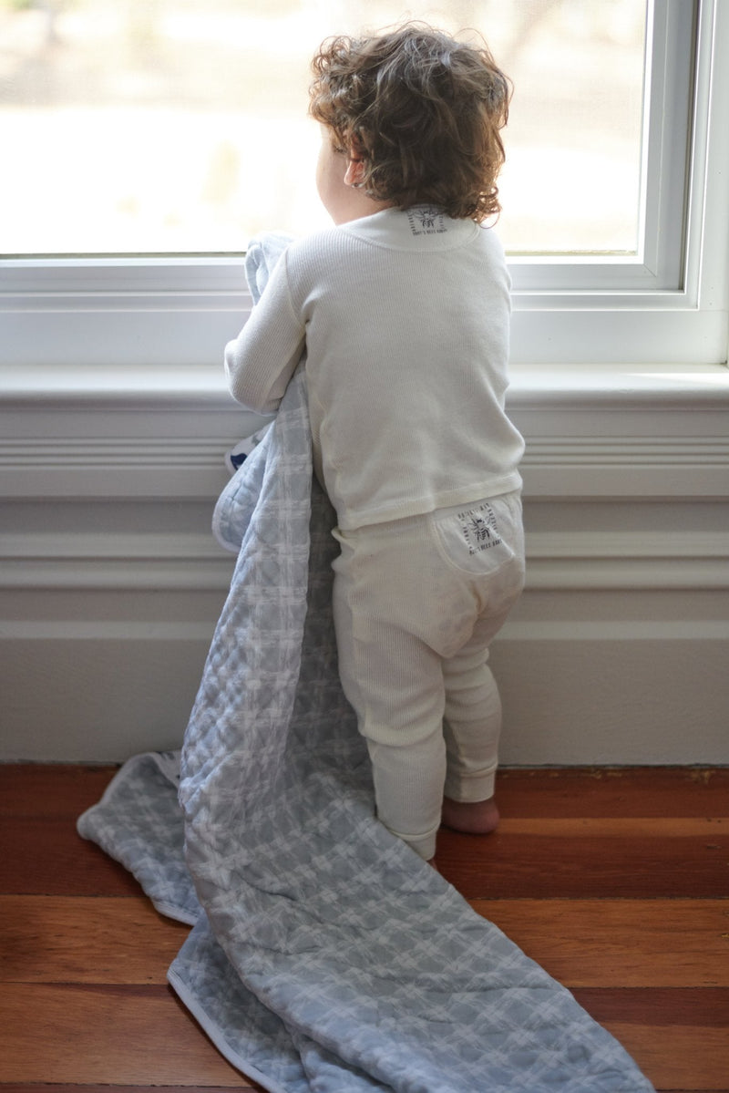Blue Deer and Glacier Grey plaid cotton muslin blanket in use.
