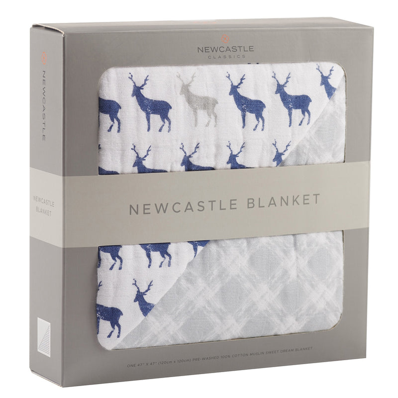 Blue Deer and Glacier Grey plaid cotton muslin blanket in packaging.