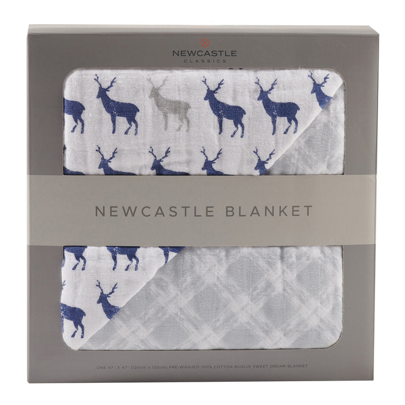 Blue Deer and Glacier Grey plaid cotton muslin blanket in packaging, 47" x 47".