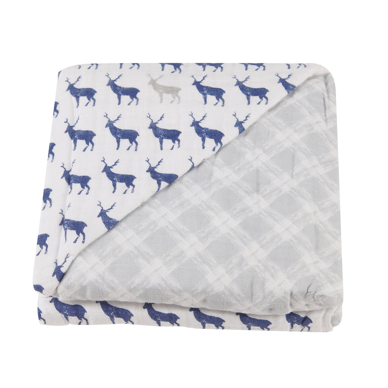 Blue Deer and Glacier Grey plaid cotton muslin blanket folded, displaying deer pattern and cozy texture.