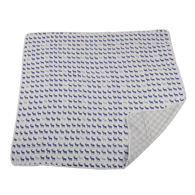 Blue Deer and Glacier Grey plaid cotton muslin blanket with deer pattern, 47" x 47".
