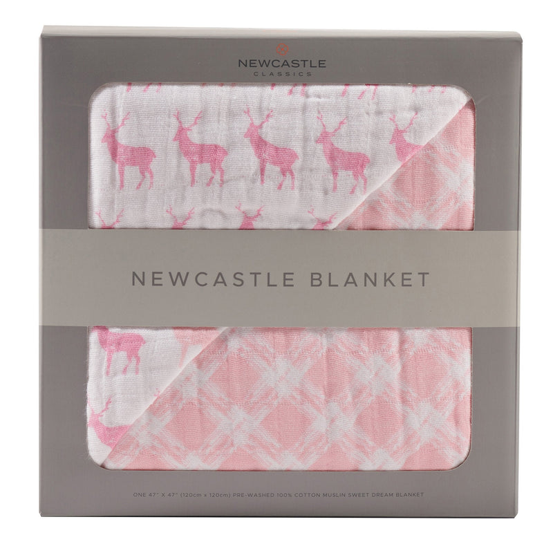 Pink deer and primrose pink plaid cotton muslin Newcastle blanket in packaging.