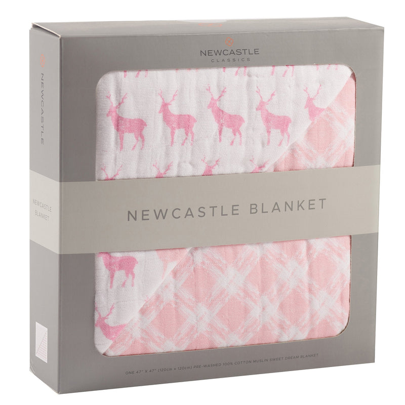 Pink Deer and Primrose Pink Plaid Cotton Muslin Newcastle Blanket in packaging.