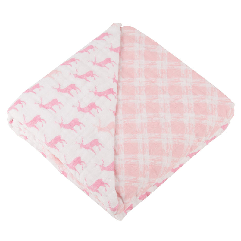 Pink Deer and Primrose Pink Plaid Cotton Muslin Blanket with cozy four-layer design.