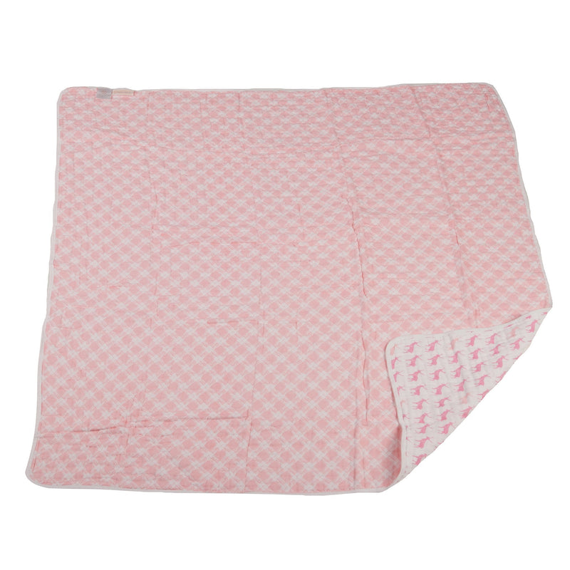 Pink deer and primrose pink plaid cotton muslin blanket with breathable layers.