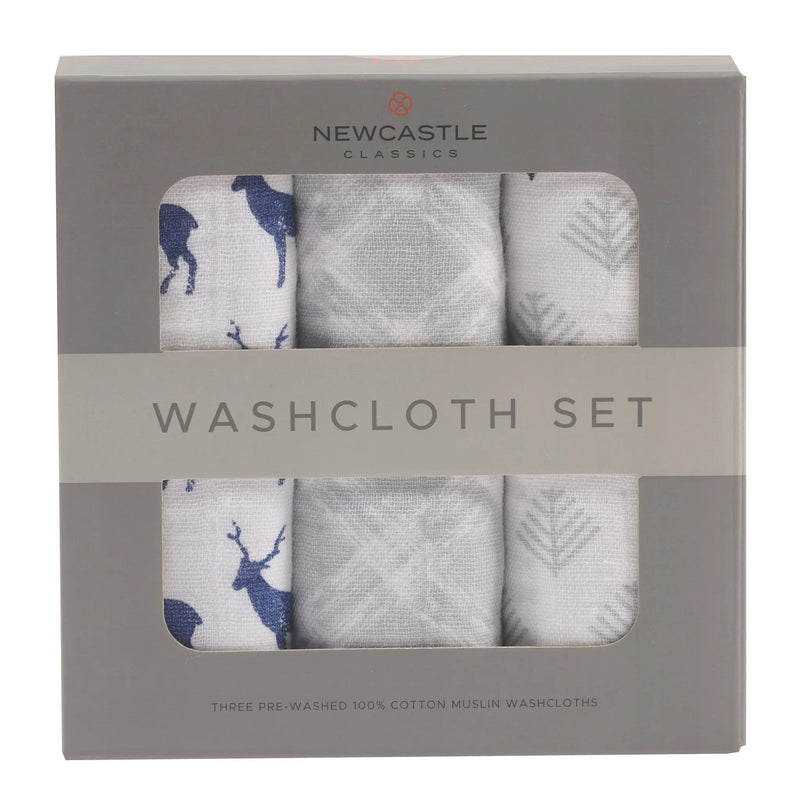 Blue Deer Cotton Washcloth Set 3PK, 100% plush cotton, colorful prints, attached loop for easy drying.