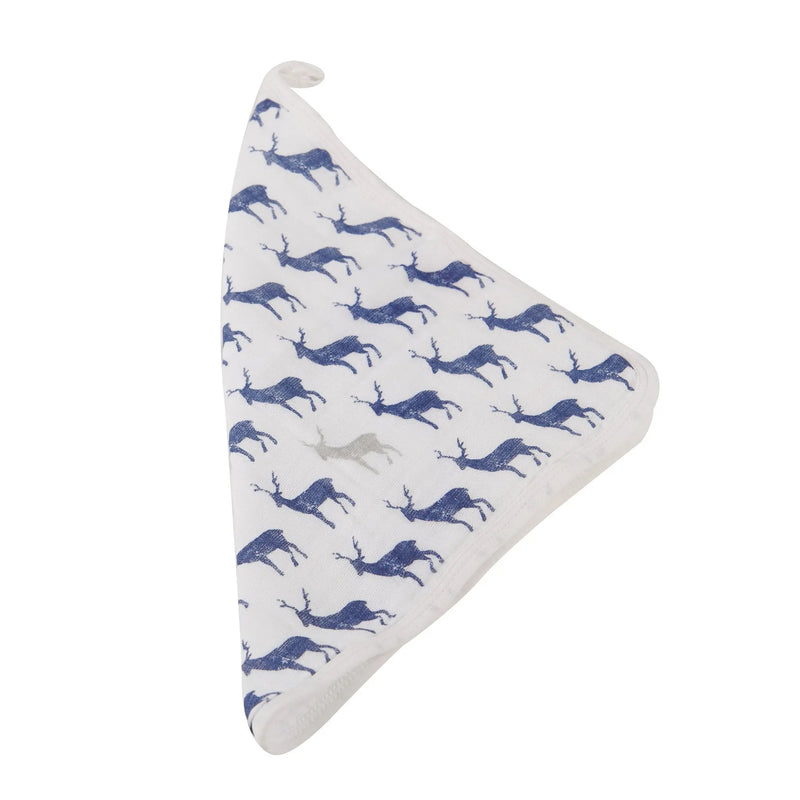 Blue Deer Cotton Washcloth Set 3PK with deer design, white background, plush cotton, attached loop.