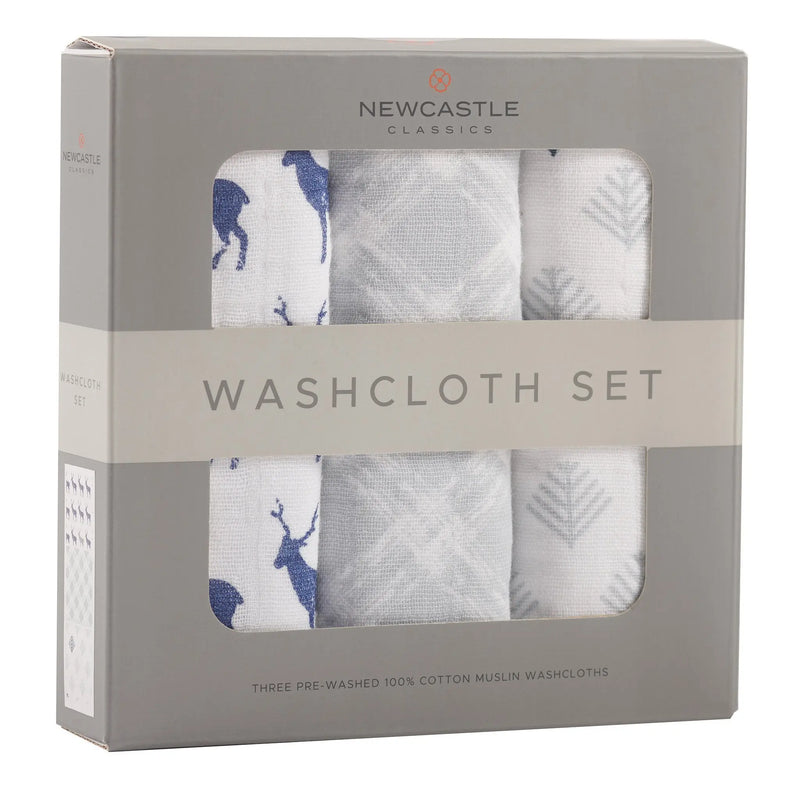 Blue Deer Cotton Washcloth Set 3PK in packaging, featuring plush 100% cotton with colorful prints and drying loops.