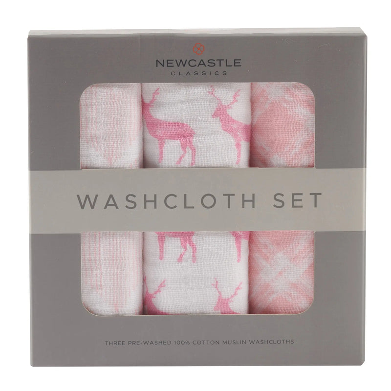 Pop of Pink Wash Cloth set 3PK in packaging, featuring plush cotton with colorful prints.