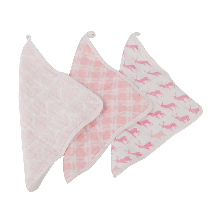 Pop of Pink Wash Cloth set of three in colorful prints, 100% plush cotton with drying loops.