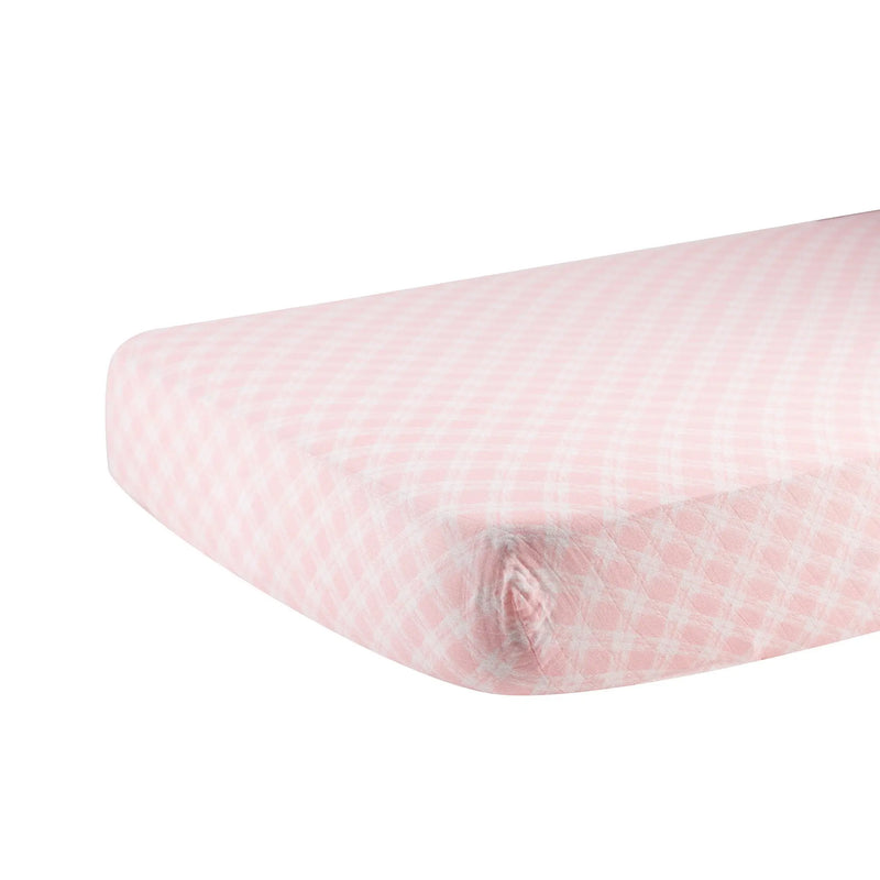 Primrose Pink Plaid Cotton Muslin Crib Sheet on Mattress