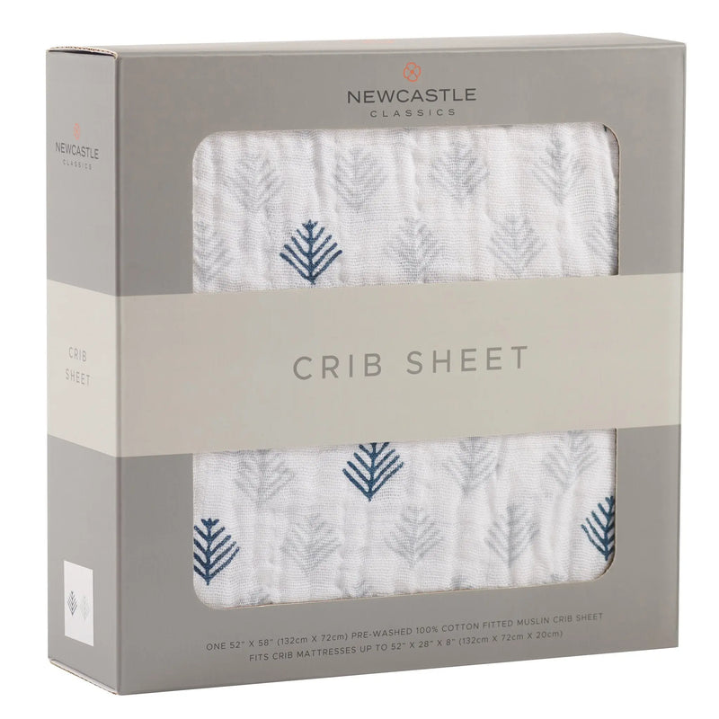 Glacier Branch Cotton Muslin Crib Sheet in packaging, 100% natural cotton, size 28"x52".
