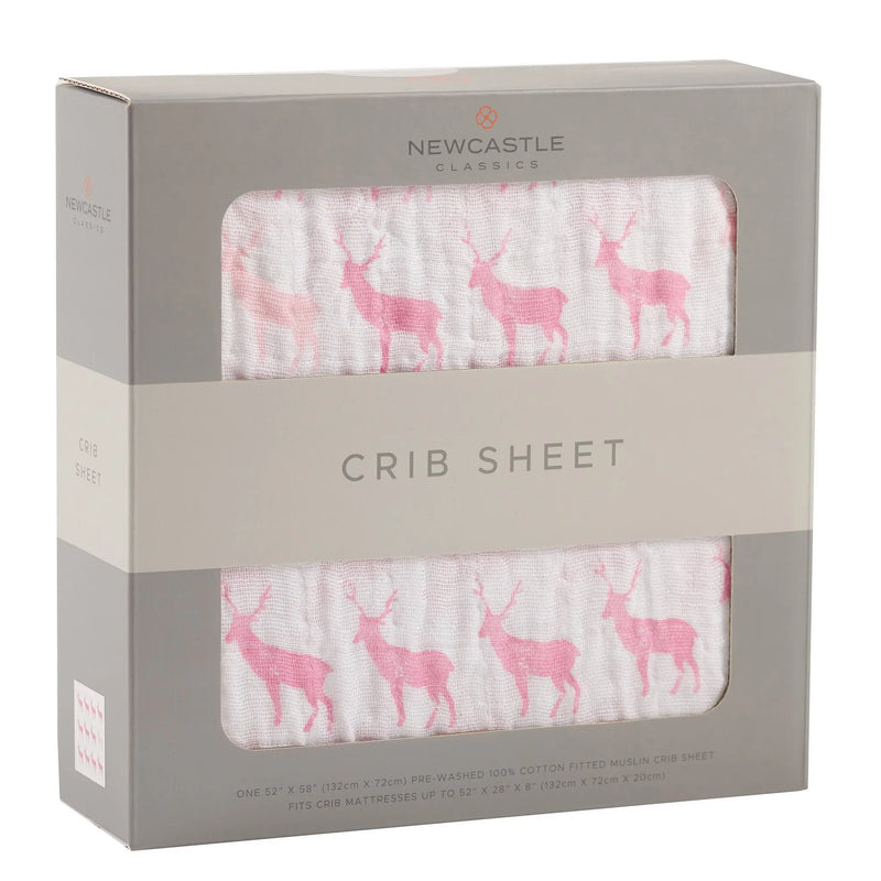 Pink deer cotton muslin crib sheet in packaging, 28"x52", 100% natural cotton.