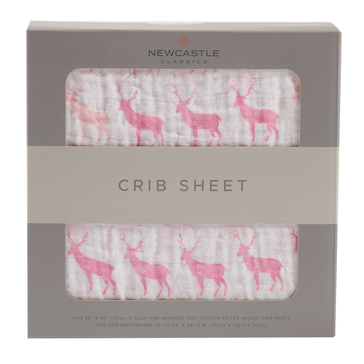 Cotton muslin crib sheet with a pink deer print