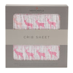 Cotton muslin crib sheet with a pink deer print