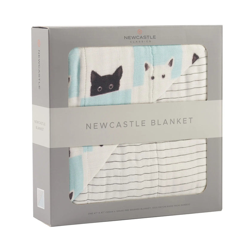 Peek-A-Boo Cats and Pencil Stripe Bamboo Muslin Newcastle Blanket in packaging.