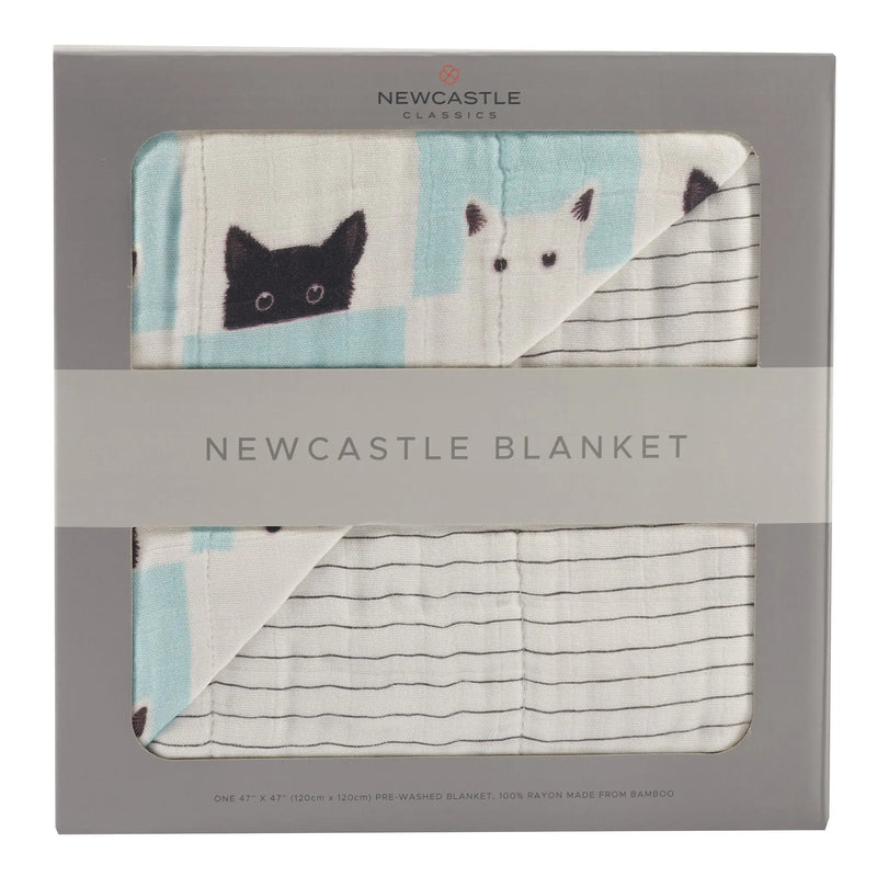 Peek-A-Boo Cats bamboo muslin blanket in packaging with cat and stripe design.